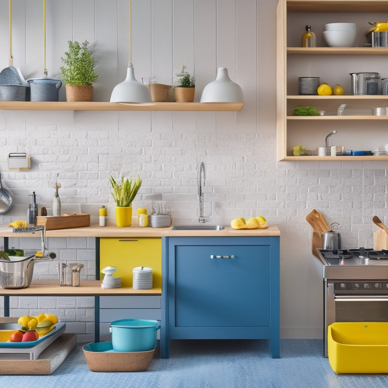 A bright, modern kitchen with a central island, utensils organized on a pegboard, a sink with a built-in cutting board, and a cook station with a range, pots, and a utensil holder.