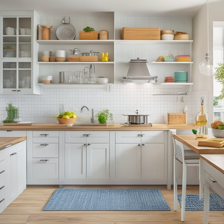 A bright, modern kitchen with sleek white cabinets, a large island, and a stainless steel sink, featuring a pegboard with hanging utensils, a pull-out spice rack, and a built-in trash can organizer.