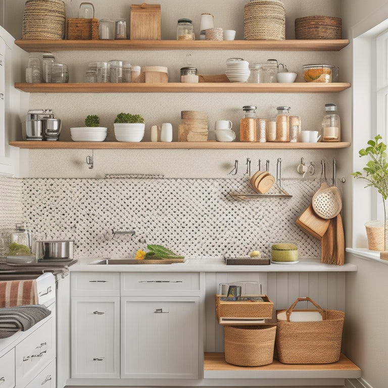 A tidy kitchen with white countertops, wooden cabinets, and stainless steel appliances, featuring a pegboard with hanging utensils, a spice rack made from a repurposed crate, and a DIY shelf with woven baskets.