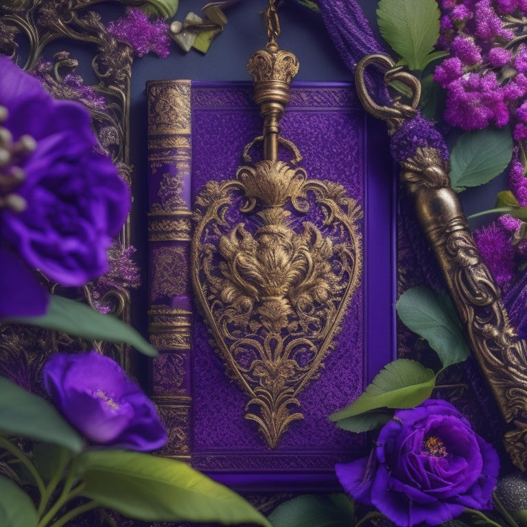 A vibrant, ornate golden key unlocking a grand, old-fashioned book, with intricate illustrations of flowers, vines, and mythical creatures spilling out, set against a rich, velvety purple background.