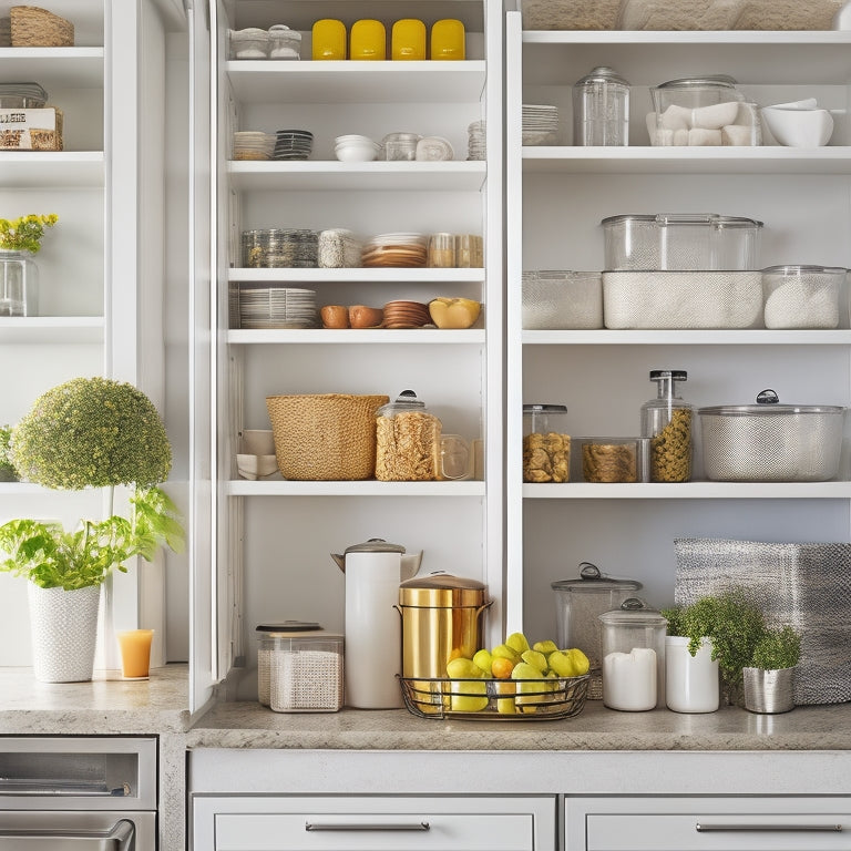 A bright, modern kitchen with a calm and organized atmosphere, featuring a tidy countertop, labeled spice jars, a utensil organizer, and a wire shelving unit with neatly stacked cookbooks.