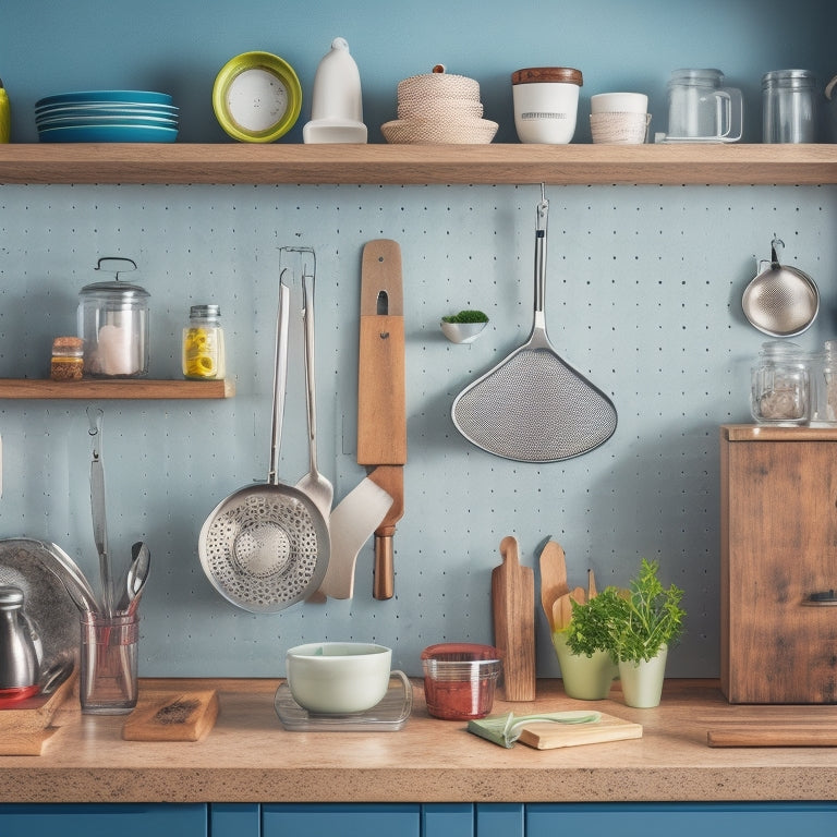 A tidy kitchen counter with a wall-mounted pegboard holding various utensils, a carousel canister on the counter displaying spatulas and whisks, and a utensil organizer drawer insert in the background.