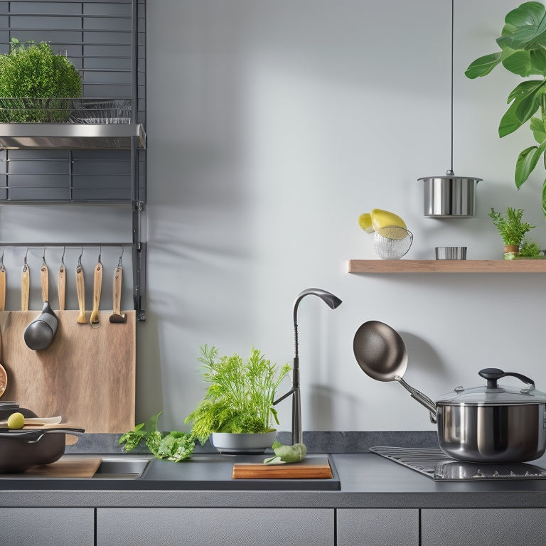 A sleek, modern kitchen with a stainless steel rack installed on a wall, holding various kitchen utensils, pots, and pans, with a few cookbooks and a small potted plant on the surrounding countertops.