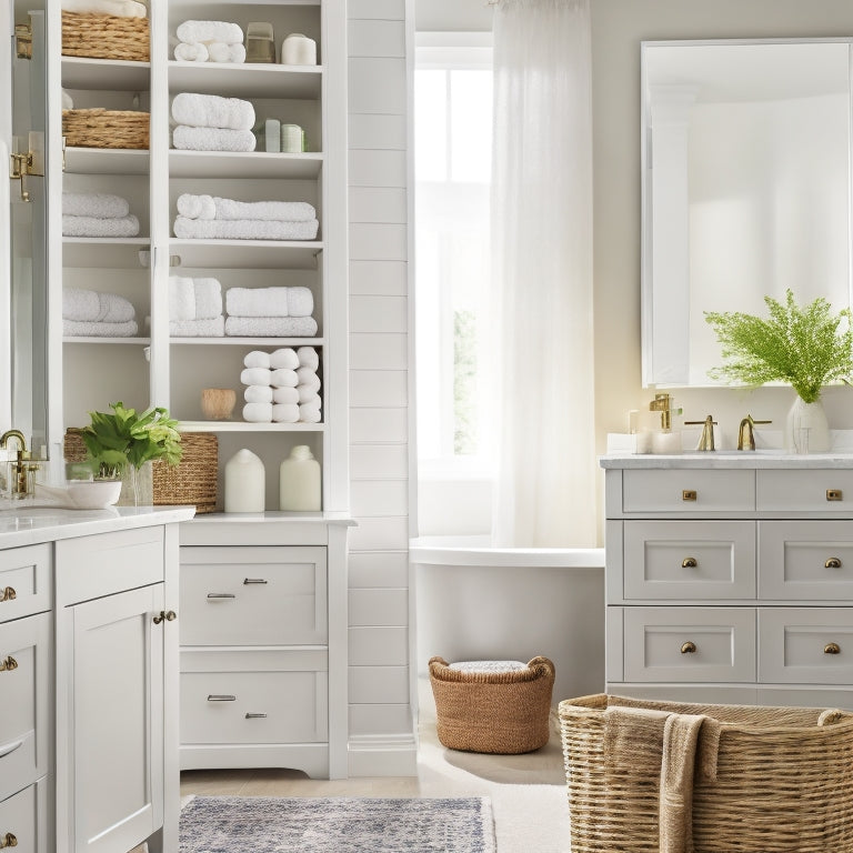 A serene, well-lit bathroom with a wall-mounted cabinet, open to reveal organized shelves, baskets, and dividers holding toiletries, towels, and linens, amidst a calming background of soft whites and creams.