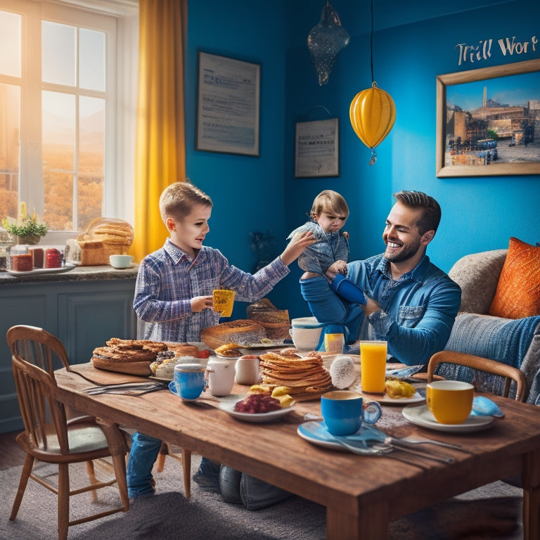 A warm and cozy breakfast scene with a father and child sitting at a table, surrounded by colorful balloons and a DIY "World's Best Dad" banner, with a plate of pancakes and a cup of coffee.