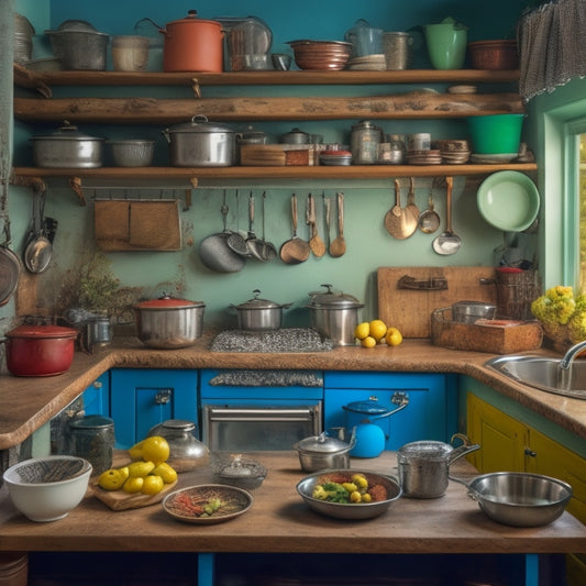 A cluttered kitchen with a traditional corner cabinet, featuring a jumbled mess of pots, pans, and utensils spilling out of the shelves, with a few items fallen on the countertops.