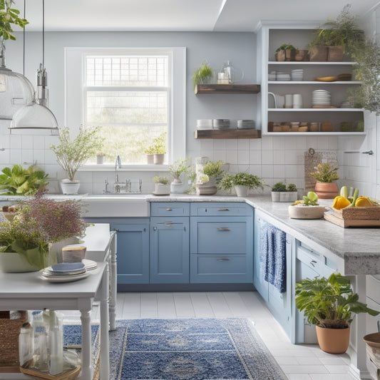 A bright, modern kitchen with a tidy island in the center, featuring a wire utensil organizer, a few potted herbs, and a small vase with fresh flowers, surrounded by clean countertops and a few strategically placed decorative baskets.