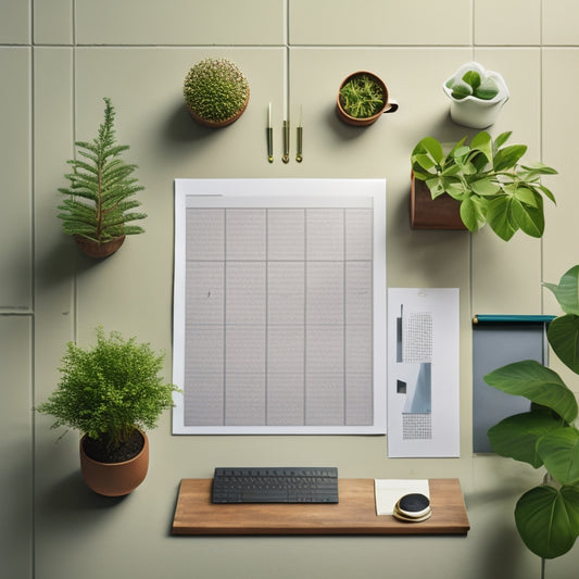 A calm, serene background with a subtle grid pattern, featuring a minimalist desk with a few organized files and a single, perfectly placed pen, surrounded by a few sprigs of fresh greenery.