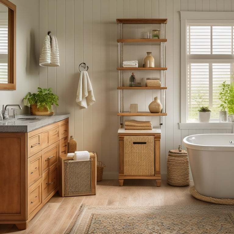 A serene, well-lit bathroom with a wall-mounted cabinet, a freestanding tub, and a walk-in shower featuring a rainfall showerhead, surrounded by organized storage bins and a woven basket on a wooden shelf.