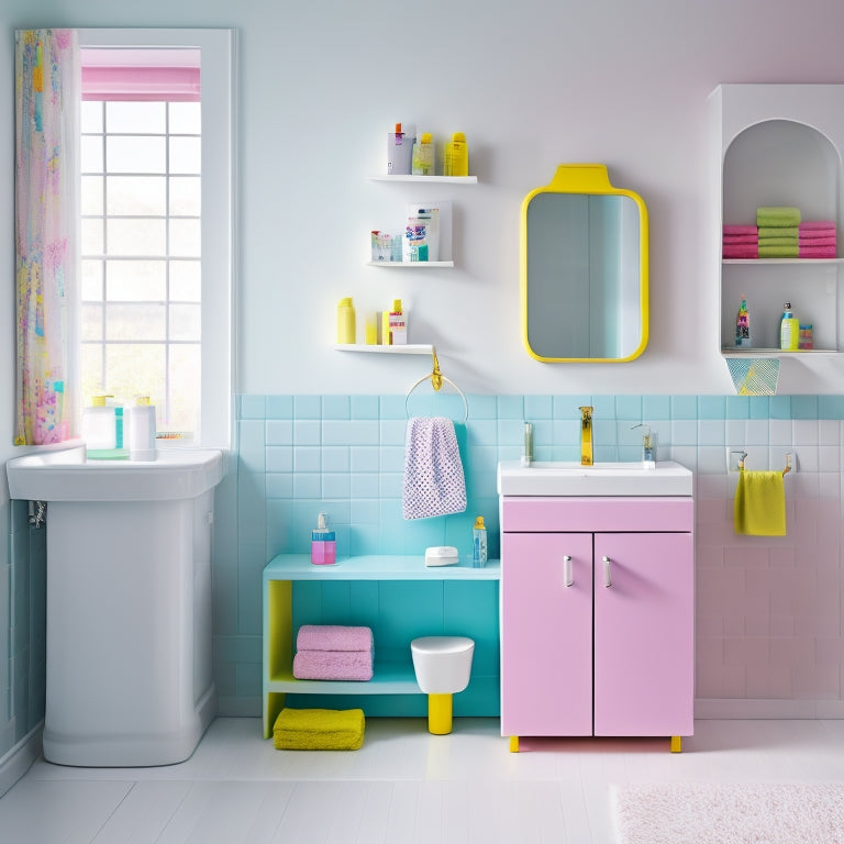 A bright, modern kids' bathroom with a wall-mounted cabinet, a step stool with storage, and a shower caddy with colorful toys and bath products, surrounded by soft, pastel-colored walls and a polished white floor.