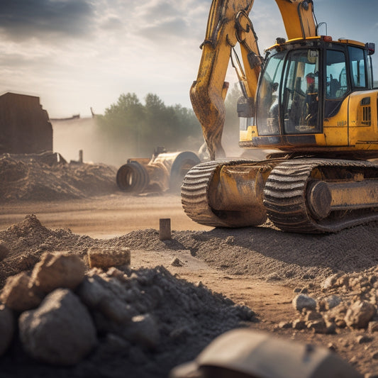 A dirty, worn excavator in the foreground, with a Volvo manual lying open on the operator's seat, surrounded by tools and machinery parts, set against a blurred construction site background.