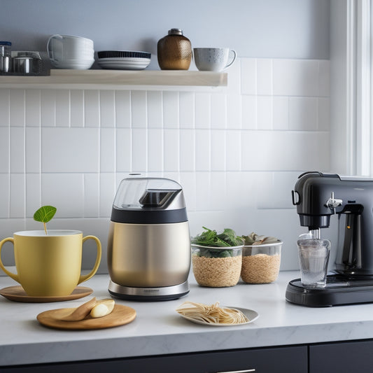 A sleek, modern kitchen countertop with a row of trendy gadgets, including a touchless faucet, a spiralizer, a stand mixer with a glass bowl, and a smart coffee maker with a digital display.