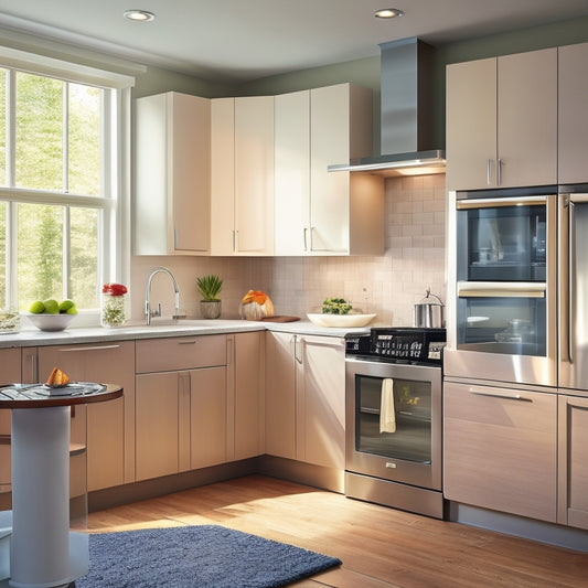 A modern kitchen with a blind corner cabinet, featuring a pull-out carousel with chrome handles, surrounded by sleek countertops and a light-filled window in the background.