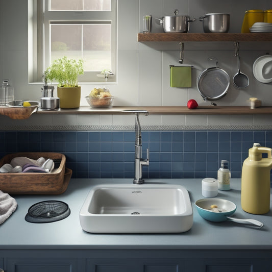 A tidy kitchen sink with a John Boos holder attached to the wall, holding three sink covers of different sizes, with a few kitchen utensils and a soap dispenser nearby.