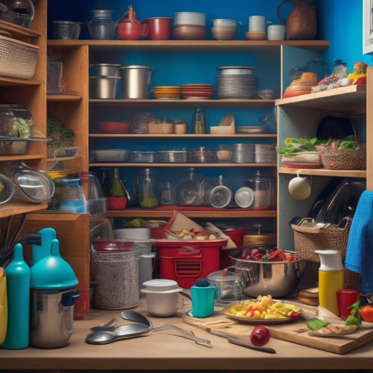 A cluttered base cabinet with open doors, overflowing with kitchen utensils, food items, and cookware in disarray, with a few items spilling out onto the floor.