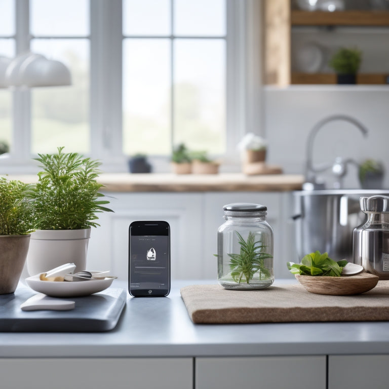 A tidy kitchen counter with a smartphone displaying a kitchen organization app, surrounded by a few neatly labeled jars, a small potted herb plant, and a minimalist kitchen utensil holder.