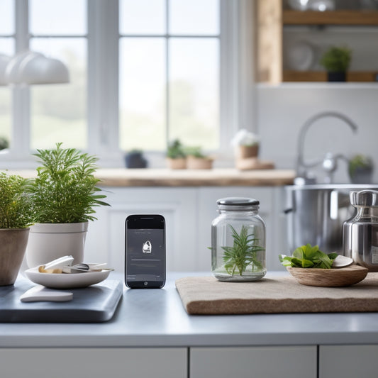 A tidy kitchen counter with a smartphone displaying a kitchen organization app, surrounded by a few neatly labeled jars, a small potted herb plant, and a minimalist kitchen utensil holder.