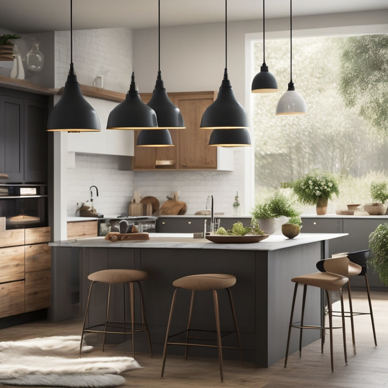 A modern kitchen with a mix of European-inspired elements: a sleek, high-gloss Italian-style island, a French-country-inspired rustic wooden table, and minimalist Scandinavian-style pendant lights.