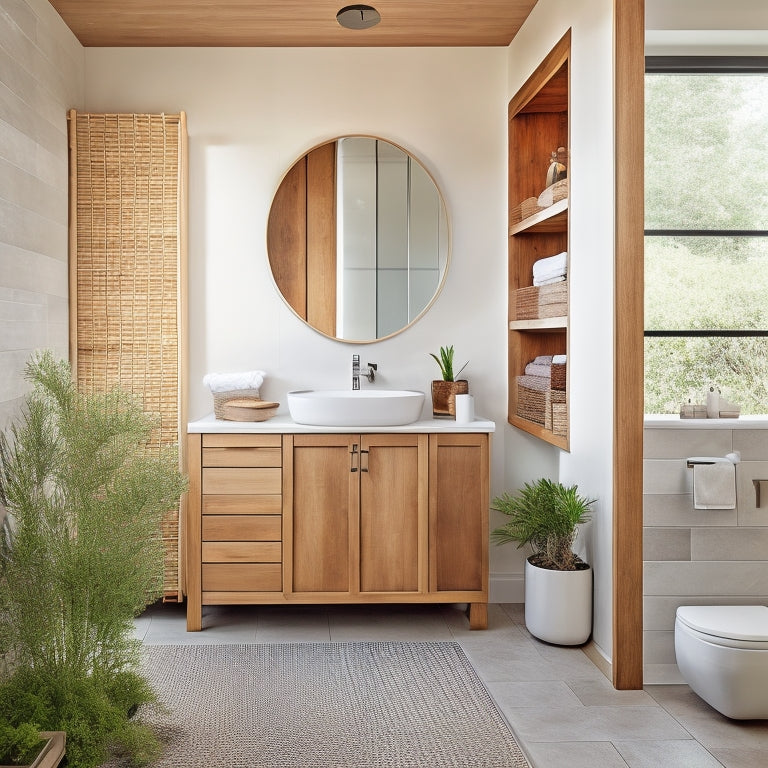 A serene, minimalist bathroom with a wall-mounted, reclaimed wood cabinet, a pedestal sink surrounded by woven baskets, and a floor-to-ceiling, sliding glass door shower with a built-in, tiered storage niche.