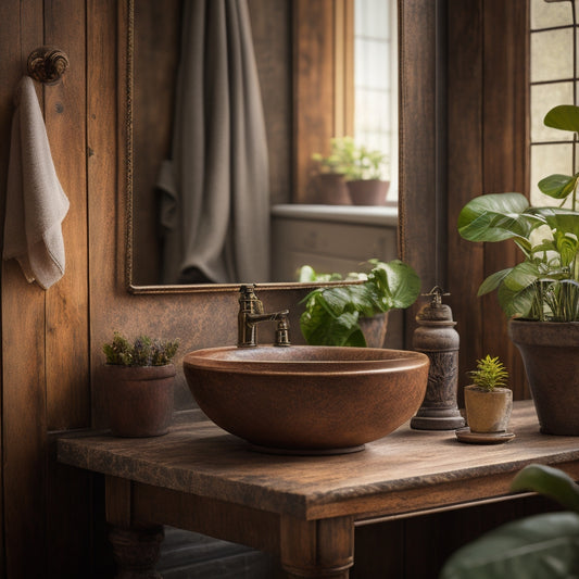 A distressed wooden vanity with a rounded metal mirror above, adorned with vintage faucets and a small potted plant, set against a warm, earthy-toned background with natural stone flooring.