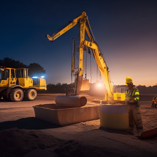 A dimly lit construction site at dusk with a yellow excavator and scaffolding in the background, surrounded by caution tape and cones, with a hard-hat-wearing worker in the foreground inspecting a blueprint.
