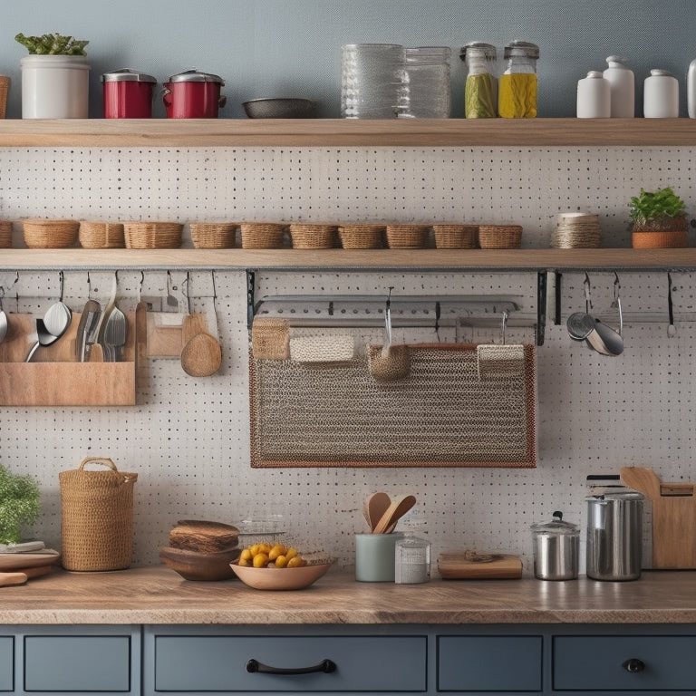 A tidy kitchen with a pegboard on the wall, hooks holding utensils, and a few baskets on open shelves, alongside a countertop with a utensil organizer, a spice rack, and a cookbook stand.