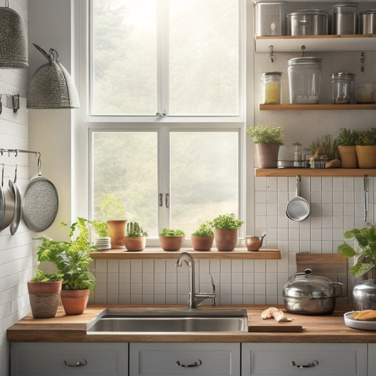 A tidy kitchen with a stainless steel countertop, a repurposed mason jar as a utensil holder, and a DIY pegboard with hanging pots and pans, surrounded by warm, natural light.