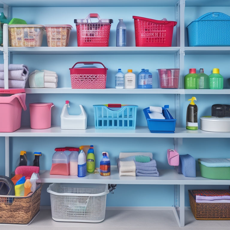 A tidy, well-organized cleaning supply closet with labeled baskets, a pegboard with hooks for mops and dusters, and a shelf with color-coded cleaning products in neat rows.