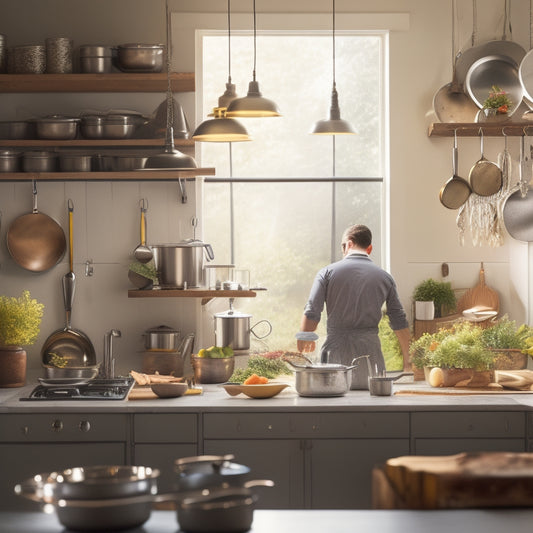 A serene kitchen scene with a chef efficiently preparing a meal, surrounded by organized utensils, a stainless steel island, and a pegboard with hanging pots and pans, amidst a warm, natural light.