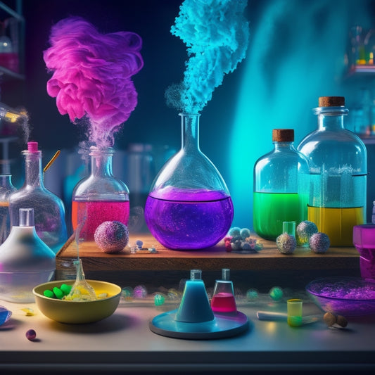 A whimsical illustration of a kitchen countertop transformed into a science lab, featuring bubbling beakers, colorful test tubes, and a mixing bowl overflowing with swirling, iridescent mist.