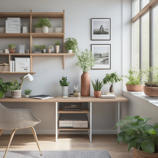 A tidy, minimalist home office with a sleek, wooden desk, surrounded by neatly labeled storage bins, a few organized books on a shelf, and a few plants, basking in soft, natural light.