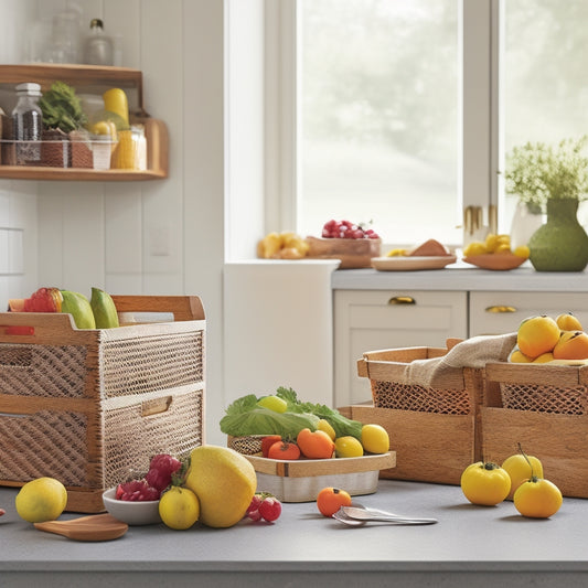 A tidy kitchen countertop with a wooden crate, a set of three stacking baskets, a utensil organizer, and a few colorful lunchboxes, surrounded by fresh fruit and a few healthy snacks.