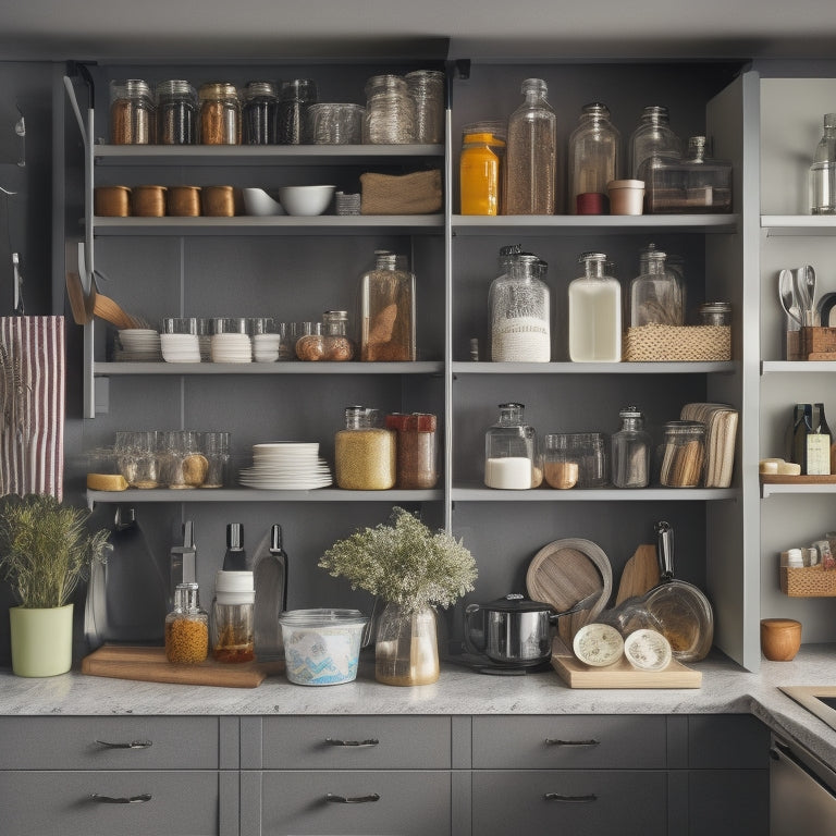 A tidy kitchen with a pull-out utensil organizer beside a sleek, handle-free cabinet, featuring a built-in spice rack, a knife block, and a few carefully arranged cookbooks on a nearby shelf.