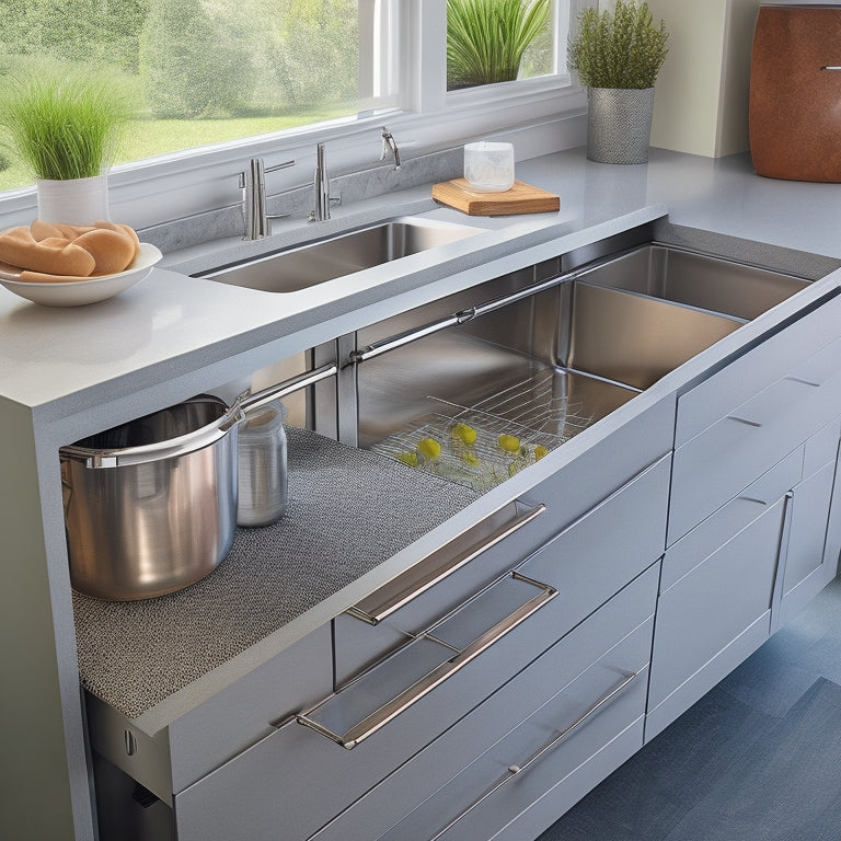 A modern kitchen sink area with a sleek, stainless steel sink, surrounded by a U-shaped countertop with built-in drawers and cabinets, featuring a pull-out trash can and a utensil organizer.