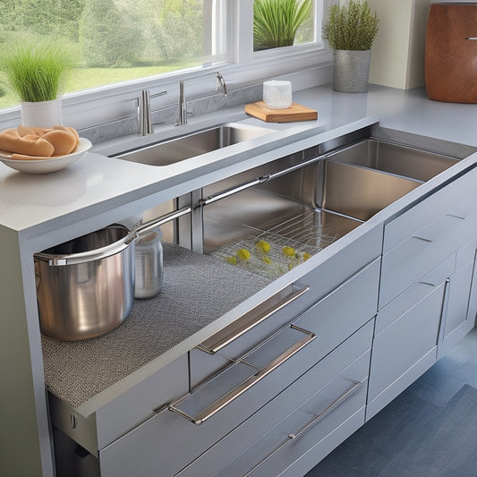 A modern kitchen sink area with a sleek, stainless steel sink, surrounded by a U-shaped countertop with built-in drawers and cabinets, featuring a pull-out trash can and a utensil organizer.