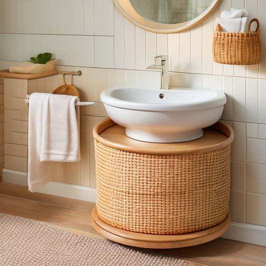 A pedestal sink with a curved, white ceramic basin, surrounded by a mix of wooden and woven storage baskets, and a slide-out drawer with metal handles, set against a warm, beige-tiled background.