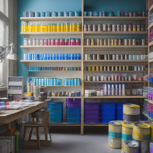 A neatly arranged, well-lit workspace with rows of paint cans organized by color, stacked on wooden shelves, surrounded by paintbrushes, rollers, and a color-coded label maker.