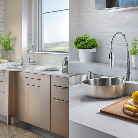 A modern kitchen with sleek countertops, stainless steel appliances, and a sink area featuring a neatly organized sink basin with a sliding soap dispenser, a built-in sponge holder, and a utensil tray.