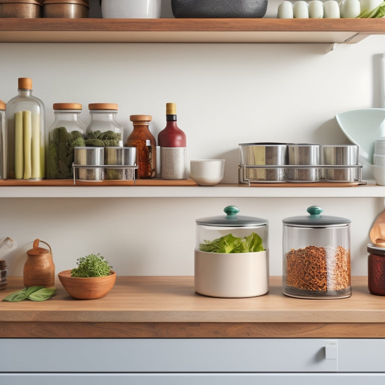 A clutter-free kitchen countertop with a few strategically placed storage solutions, including a tiered spice rack, a utensil organizer, and a compact canister set, all in a modern, minimalist aesthetic.