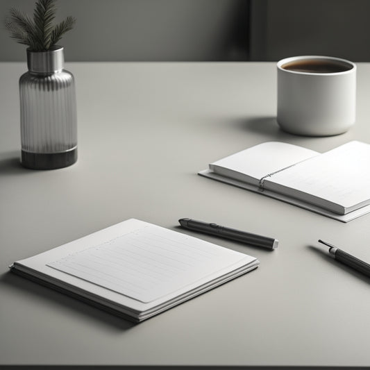 A minimalist desk with a neatly arranged task list on a sleek, silver bullet journal, surrounded by a few crisp, sharpened pencils and a single, elegant paperclip.