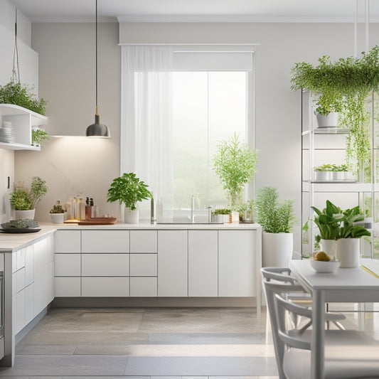 A modern kitchen with sleek, white cabinets, featuring a retractable kitchen island, a fold-down dining table, and a vertical herb garden on the wall, surrounded by soft, warm lighting.