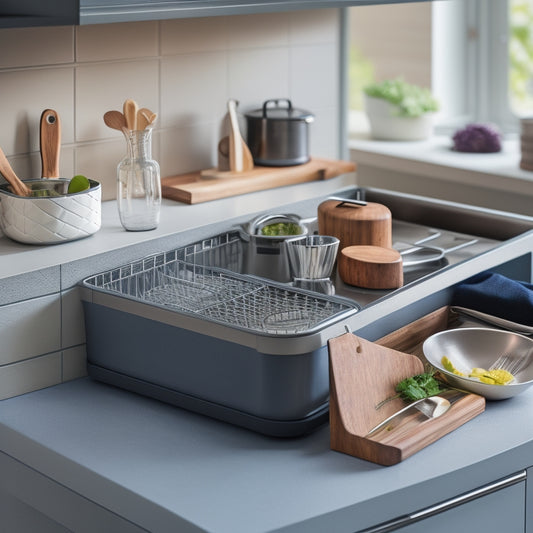 A tidy kitchen countertop with a sleek, modern organizer system featuring multiple compartments, a utensil holder, and a built-in knife block, surrounded by neatly arranged kitchen essentials.