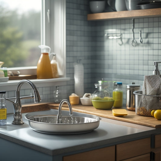 A tidy kitchen sink area with a stainless steel Sink Storage Caddy attached to the side, holding a soap dispenser, sponge, and scrubber, surrounded by a few sparkling clean dishes and a faint reflection.