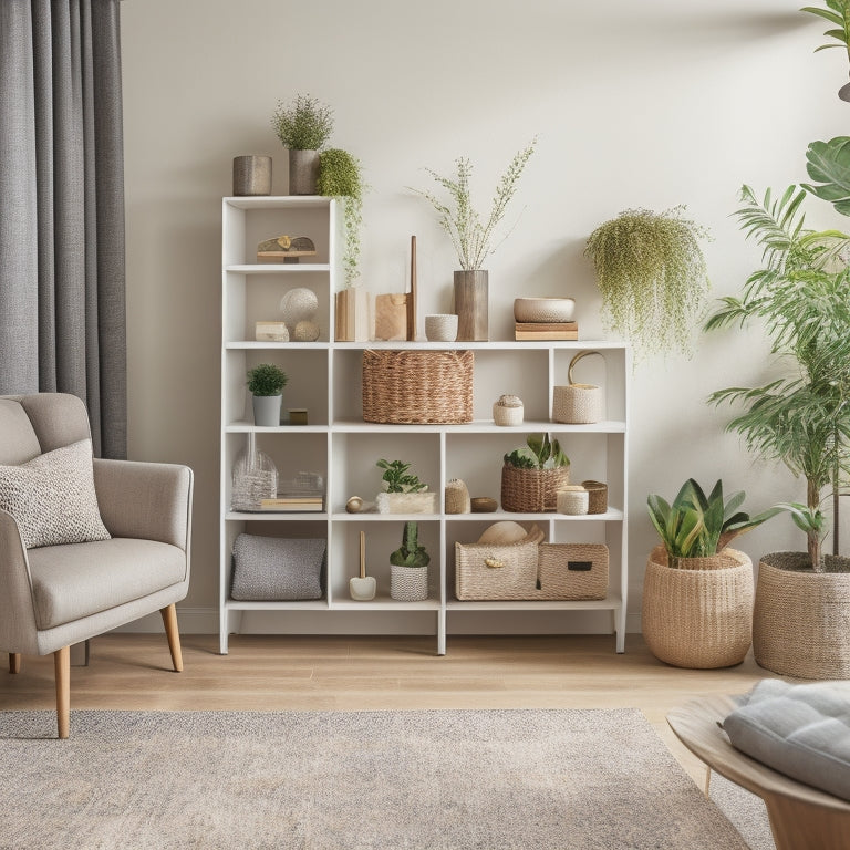 A tidy, modern living room with a neutral color palette, featuring a mix of open shelving units, woven storage baskets, and sleek drawer organizers from Brightroom, with a few decorative plants.