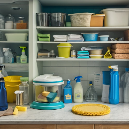 A cluttered kitchen cabinet with disorganized cleaning supplies, sponges, and scrubbers spilling out, contrasted with a tidy cabinet featuring the SinkSuite Turntable, holding items neatly in place.