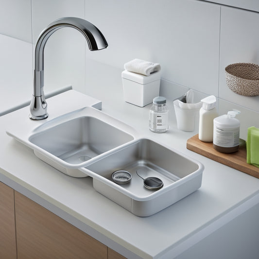 A sleek, modern kitchen sink with a sliding drawer underneath, filled with neatly organized cleaning supplies, a soap dispenser, and a utensil holder, set against a crisp white background.