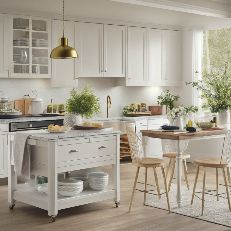 A modern kitchen with a central island featuring a sleek, white kitchen cart with three stools underneath, surrounded by utensils, cookbooks, and a vase with fresh flowers on top.