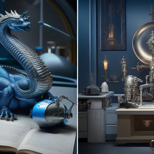 A split-screen image featuring a futuristic, high-tech laboratory on one side, with a sleek, silver LiquidText robot arm grasping a stylus, and a medieval, mystical chamber on the other, with a regal, ornate MarginNote 3 dragon guarding a pile of scrolls.