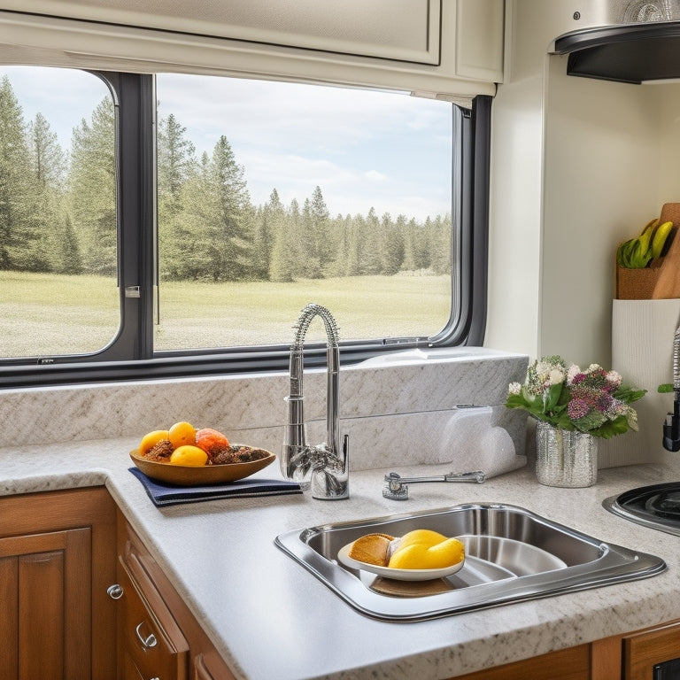 A spotless RV interior with a gleaming kitchen sink, sparkling faucet, and a perfectly organized pantry, surrounded by cleaning supplies and a hint of natural light pouring through the windows.