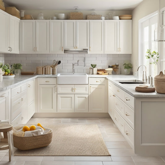 A tidy, modern kitchen with cream-colored cabinets, soft natural light, and a few strategically placed decorative items, showcasing a variety of clever storage solutions and organizational systems.